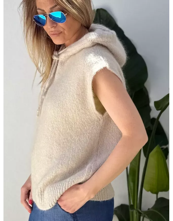 Pull mohair sans manches et capuche, beige- Sélection Samsara