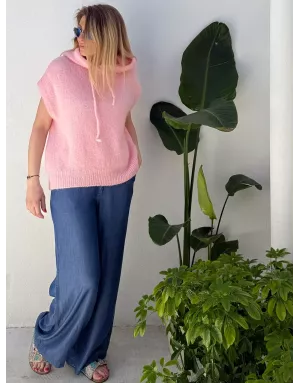 Pull mohair sans manches et capuche, rose tendre- Sélection Samsara