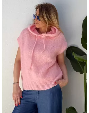 Pull mohair sans manches et capuche, rose tendre- Sélection Samsara