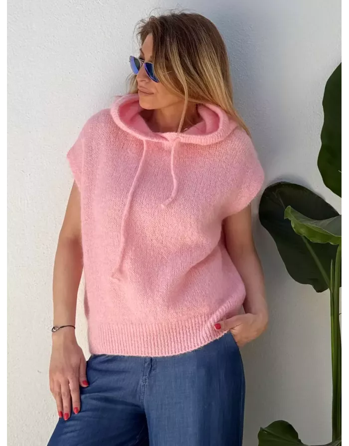 Pull mohair sans manches et capuche, rose tendre- Sélection Samsara