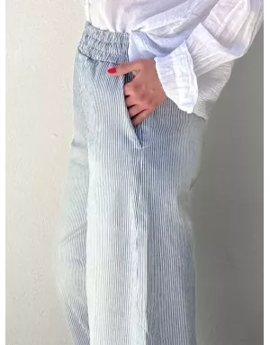 Pantalon large en toile, fines rayures, taille élastique, 98% coton- Référence : Twix