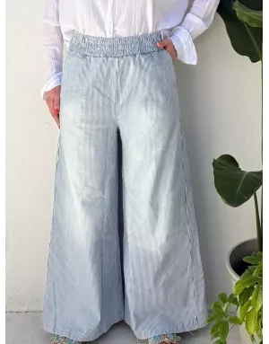 Pantalon large en toile, fines rayures, taille élastique, 98% coton- Référence : Twix