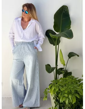 Pantalon large en toile, fines rayures, taille élastique, 98% coton- Référence : Twix