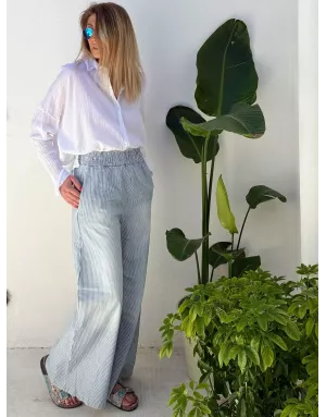 Pantalon large en toile, fines rayures, taille élastique, 98% coton- Référence : Twix
