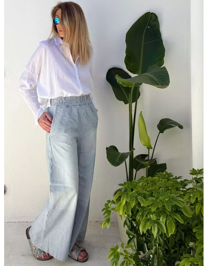 Pantalon large en toile, fines rayures, taille élastique, 98% coton- Référence : Twix
