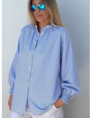 Chemise fantaisie, 100% coton, col officier, manches longues poignets élastiqués, patch bonheur - Référence : Carola