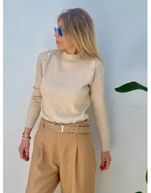 Pull col montant, finement côtelé, fantaisie sur les épaules, coloris beige,  Molly Bracken - Référence : T2113DN