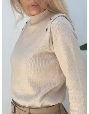 Pull col montant, finement côtelé, fantaisie sur les épaules, coloris beige,  Molly Bracken - Référence : T2113DN