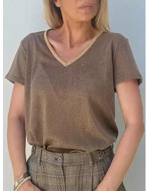 Tee-shirt d'aspect lin à encolure fantaisie en V Molly Bracken, coloris marron kaki - Référence : T427DP Kaki Marron