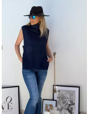 Pull navy grosse maille sans manches, Molly Bracken, référence LA1621DN