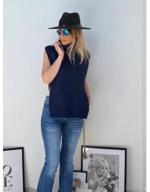 Pull navy grosse maille sans manches, Molly Bracken, référence LA1621DN