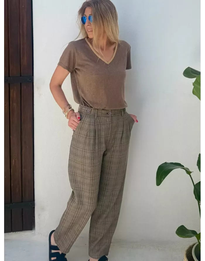 Le pantalon William à imprimé prince de Galles Lili Sidonio, coupe droite, camel- Référence : TLF140BDN