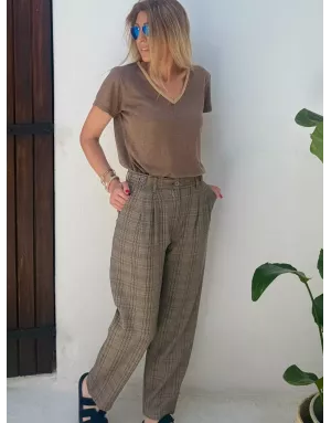 Le pantalon William à imprimé prince de Galles Lili Sidonio, coupe droite, camel- Référence : TLF140BDN