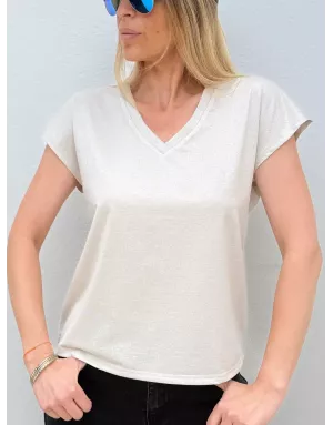 Tee-shirt fantaisie doré léger, encolure en v Molly Bracken - Référence : T1533DN light doré