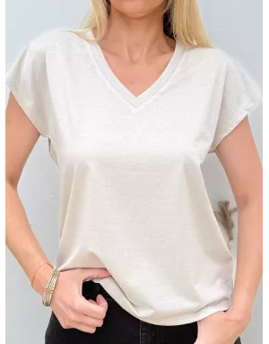 Tee-shirt fantaisie doré léger, encolure en v Molly Bracken - Référence : T1533DN light doré