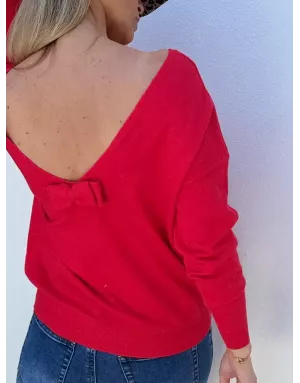 Pull fantaisie, large encolure, v dans le dos avec noeud, fils lurex, coloris rouge,  Molly Bracken - Référence : E1759DN