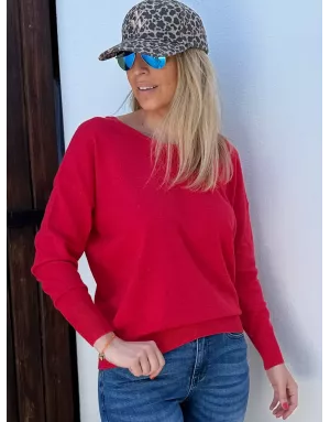 Pull fantaisie, large encolure, v dans le dos avec noeud, fils lurex, coloris rouge,  Molly Bracken - Référence : E1759DN
