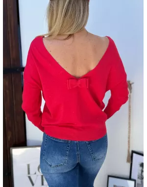 Pull fantaisie, large encolure, v dans le dos avec noeud, fils lurex, coloris rouge,  Molly Bracken - Référence : E1759DN