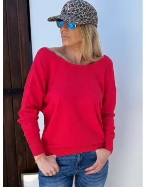 Pull fantaisie, large encolure, v dans le dos avec noeud, fils lurex, coloris rouge,  Molly Bracken - Référence : E1759DN