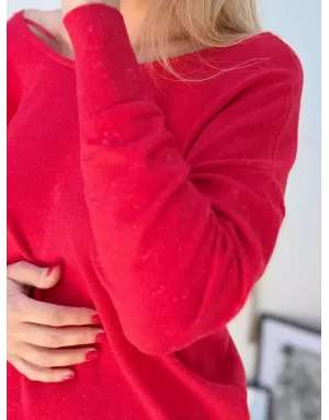 Pull fantaisie, large encolure, v dans le dos avec noeud, fils lurex, coloris rouge,  Molly Bracken - Référence : E1759DN