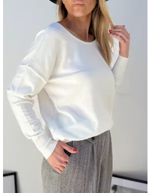 Pull fantaisie, large encolure, v dans le dos avec noeud, fils lurex, coloris blanc cassé,  Molly Bracken - Référence : E1759DN