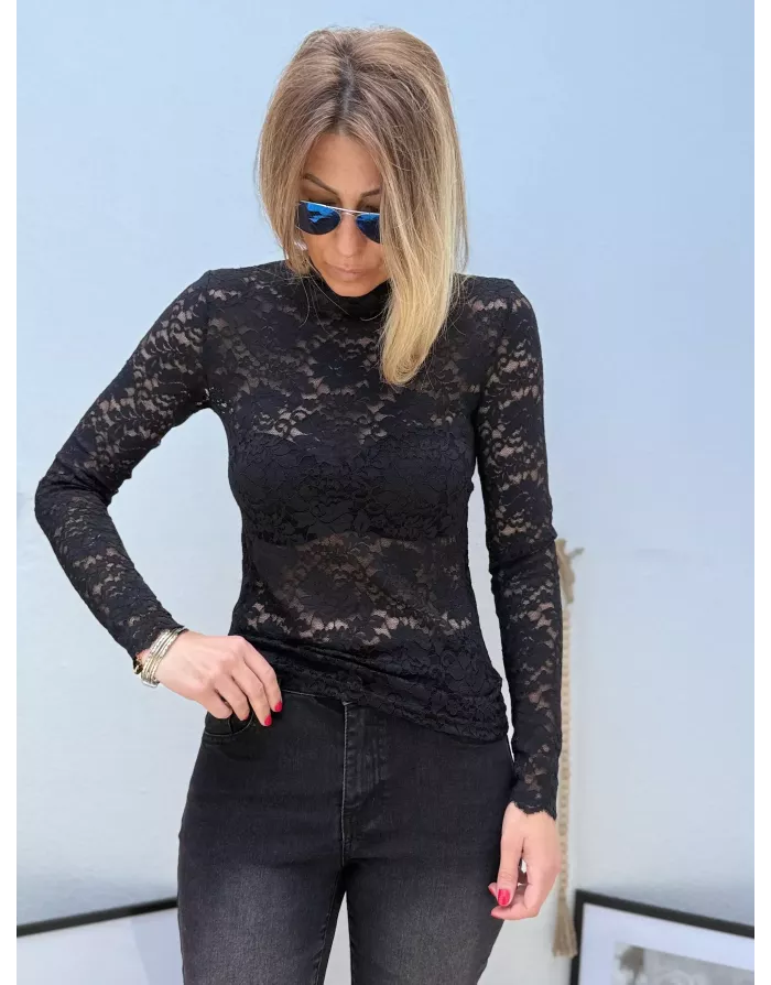 Sous pull col montant, entièrement ajouré en dentelle, manches longues, coloris noir,  Molly Bracken - Référence : EF1531DN