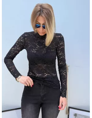 Sous pull col montant, entièrement ajouré en dentelle, manches longues, coloris noir,  Molly Bracken - Référence : EF1531DN