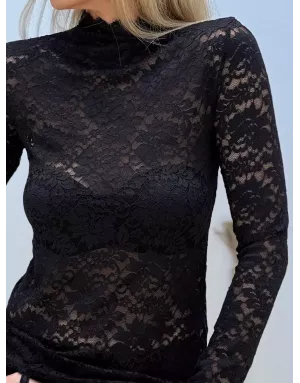 Sous pull col montant, entièrement ajouré en dentelle, manches longues, coloris noir,  Molly Bracken - Référence : EF1531DN