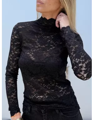 Sous pull col montant, entièrement ajouré en dentelle, manches longues, coloris noir,  Molly Bracken - Référence : EF1531DN