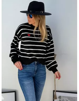 Pull marinière Molly Bracken, fantaisie coeur en poitrine,  blanc et noir - Référence : LA1780DN