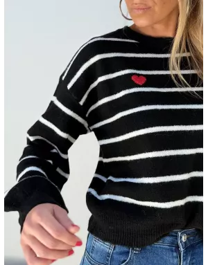 Pull marinière Molly Bracken, fantaisie coeur en poitrine,  blanc et noir - Référence : LA1780DN