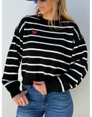 Pull marinière Molly Bracken, fantaisie coeur en poitrine,  blanc et noir - Référence : LA1780DN