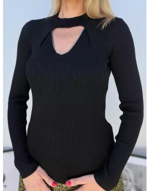 Pull fantaisie, ouverture triangle avec strass, fine maille côtelée,  Molly Bracken - Référence : EF1611DH