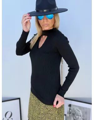 Pull fantaisie, ouverture triangle avec strass, fine maille côtelée,  Molly Bracken - Référence : EF1611DH