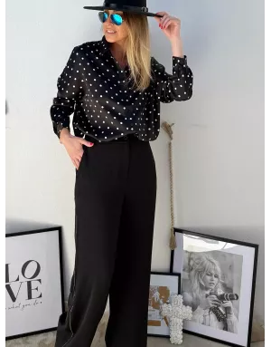 Chemise oversize, effet satiné, imprimé pois noir et blanc,  Molly Bracken - Référence : T1866BDN