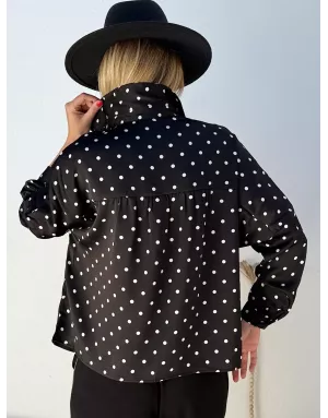Chemise oversize, effet satiné, imprimé pois noir et blanc,  Molly Bracken - Référence : T1866BDN