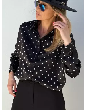 Chemise oversize, effet satiné, imprimé pois noir et blanc,  Molly Bracken - Référence : T1866BDN