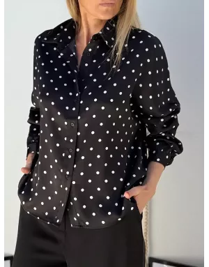 Chemise oversize, effet satiné, imprimé pois noir et blanc,  Molly Bracken - Référence : T1866BDN