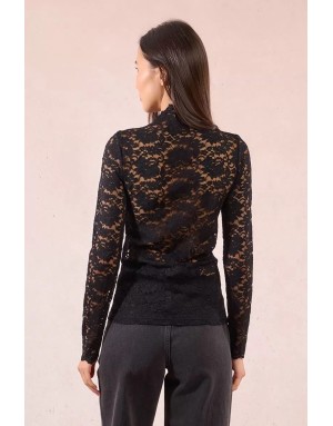 Sous pull col montant, entièrement ajouré en dentelle, manches longues, coloris noir,  Molly Bracken - Référence : EF1531DN
