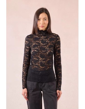 Sous pull col montant, entièrement ajouré en dentelle, manches longues, coloris noir,  Molly Bracken - Référence : EF1531DN