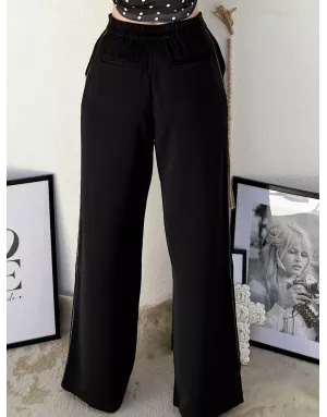 Pantalon fluide type tailleur, taille haute, bandes petites perles métallisées sur le côtés Lili Sidonio - Référence : ML64DN
