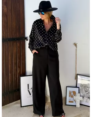 Pantalon fluide type tailleur, taille haute, bandes petites perles métallisées sur le côtés Lili Sidonio - Référence : ML64DN