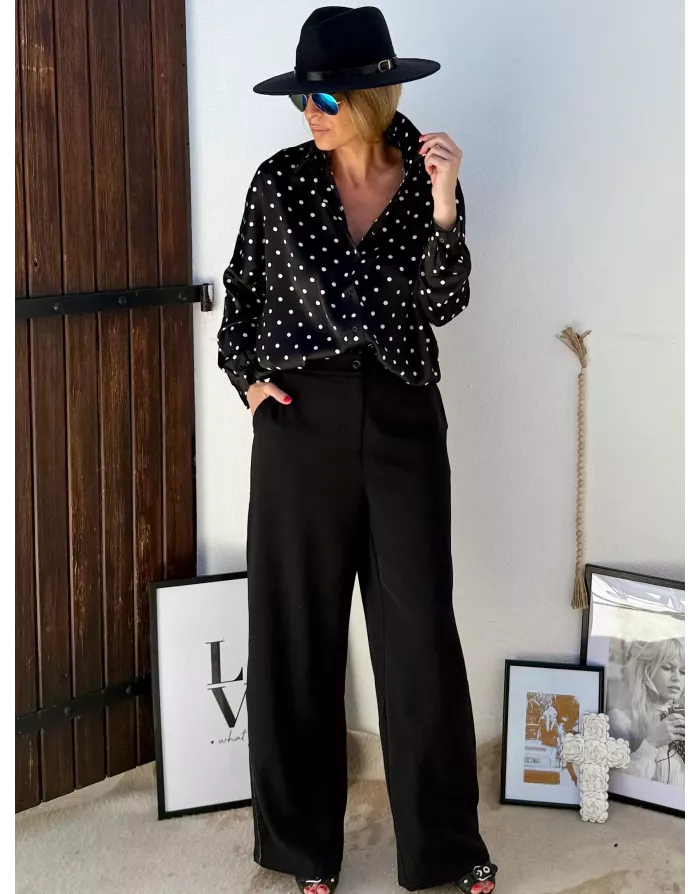 Pantalon fluide type tailleur, taille haute, bandes petites perles métallisées sur le côtés Lili Sidonio - Référence : ML64DN