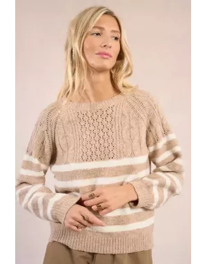Pull maille tressée et ajourée Molly Bracken, rayé, coloris beige et blanc, référence LA1812DN