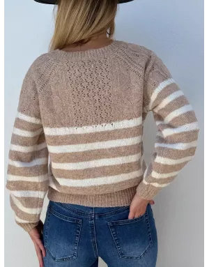 Pull maille tressée et ajourée Molly Bracken, rayé, coloris beige et blanc, référence LA1812DN