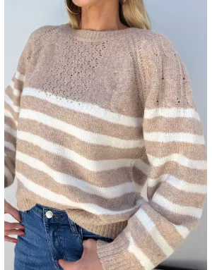 Pull maille tressée et ajourée Molly Bracken, rayé, coloris beige et blanc, référence LA1812DN
