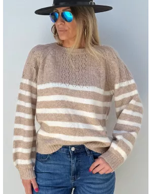 Pull maille tressée et ajourée Molly Bracken, rayé, coloris beige et blanc, référence LA1812DN