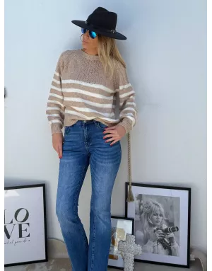 Pull maille tressée et ajourée Molly Bracken, rayé, coloris beige et blanc, référence LA1812DN