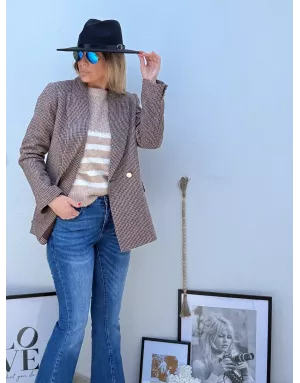 Pull maille tressée et ajourée Molly Bracken, rayé, coloris beige et blanc, référence LA1812DN