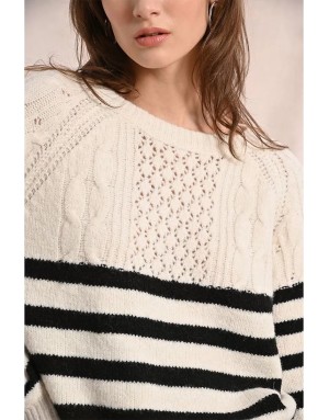 Pull maille tressée et ajourée Molly Bracken, rayé, coloris noir et blanc, référence LA1812DN